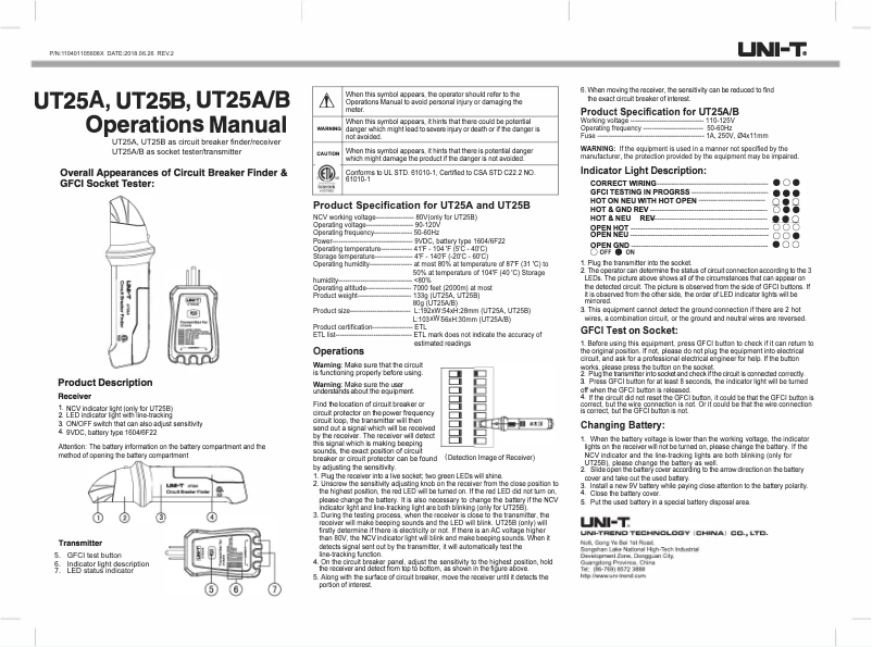 Page 1 de la notice Manuel utilisateur Uni-T UT25B