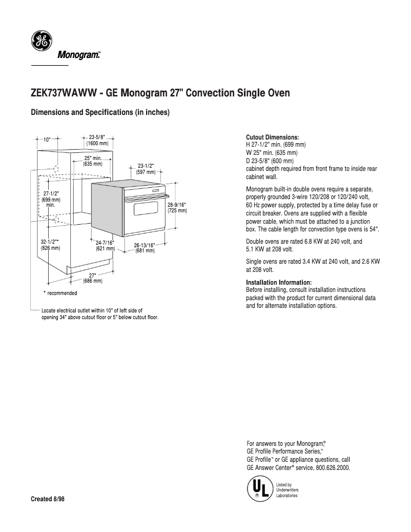 Page 1 of the manual Technical Sheet GE ZEK737WAWW