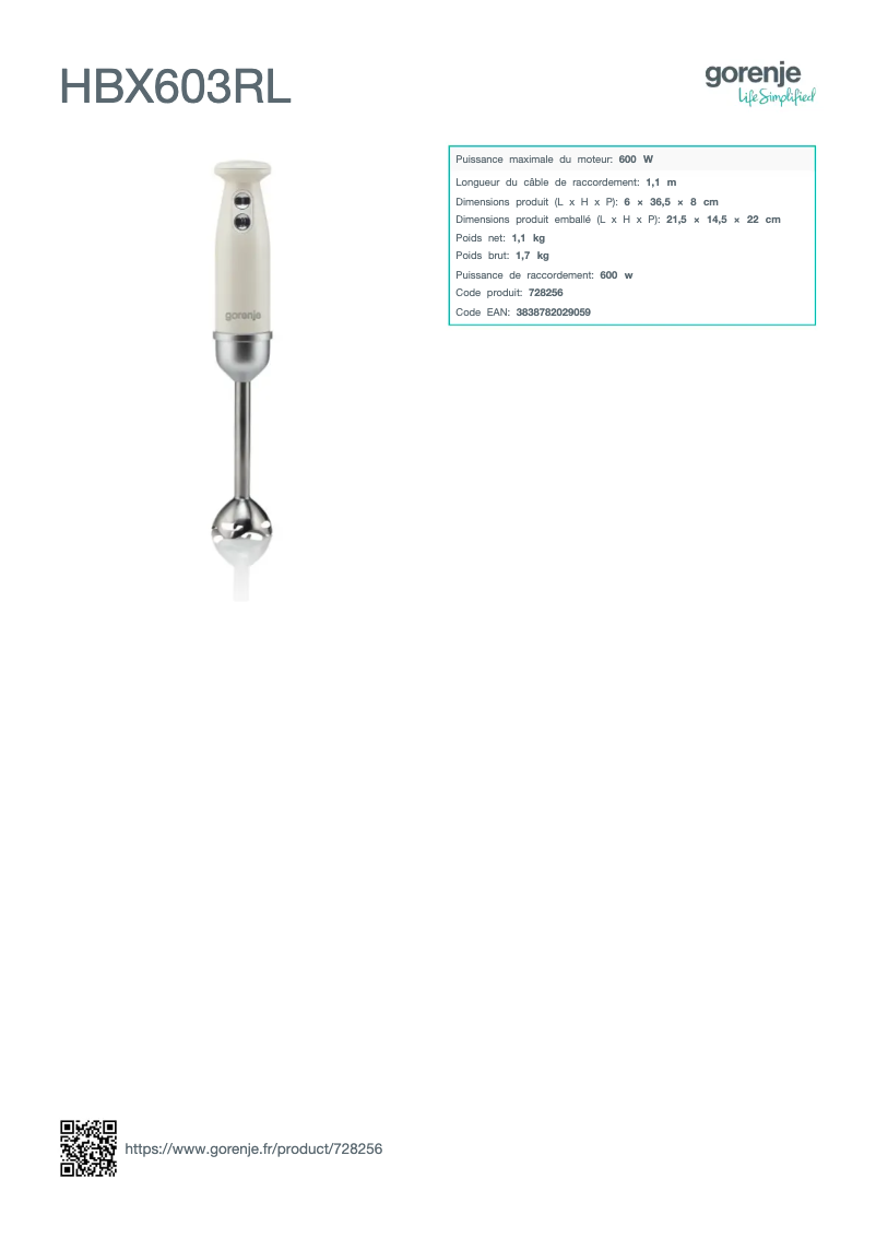 Page 1 de la notice Fiche technique Gorenje HBX603RL