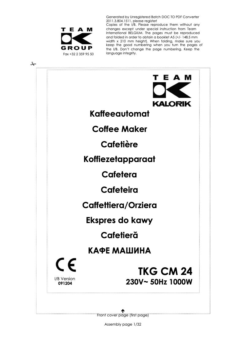 Page 1 of the manual User Manual Kalorik TKG CM 24