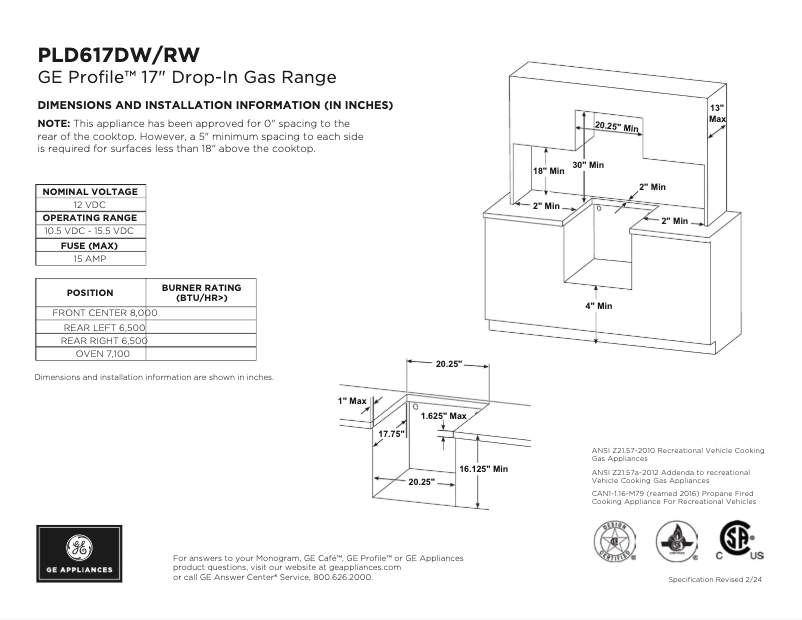 Page 1 of the manual Technical Sheet GE Profile PLD617DWBB