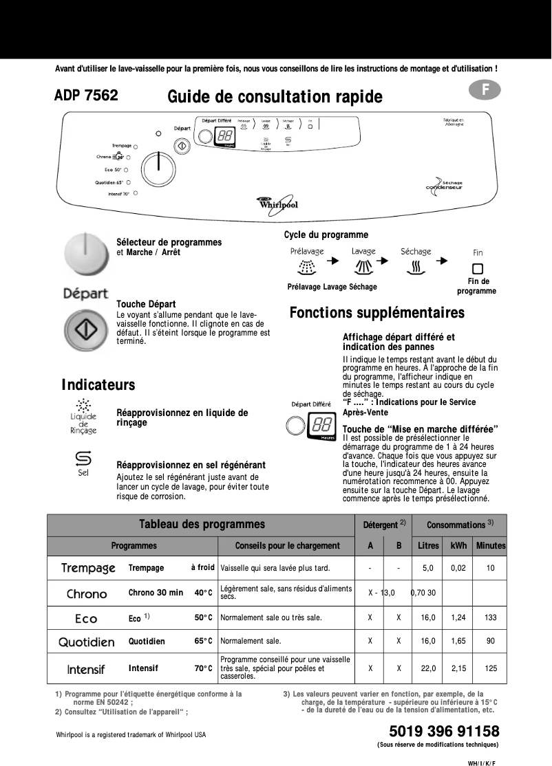 Page 1 de la notice Manuel utilisateur Whirlpool ADP 7562 WH