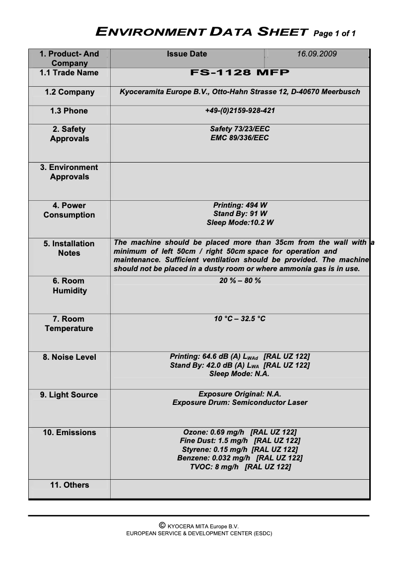 Page 1 de la notice Fiche technique Kyocera FS-1128MFP