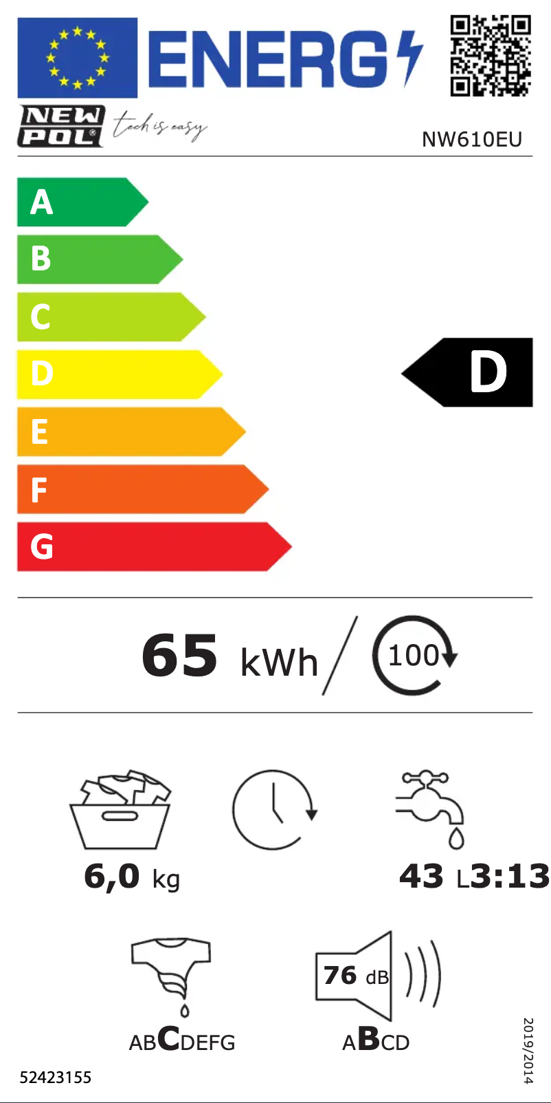 Page 1 de la notice Label énergétique New Pol NW610EU