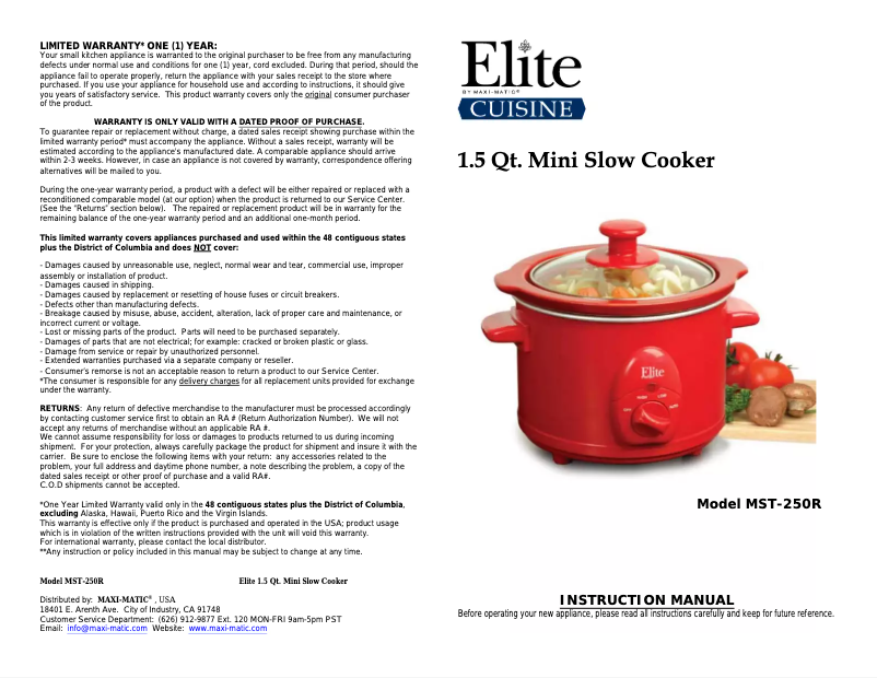 Page 1 de la notice Manuel utilisateur Maxi-Matic MST-250XS