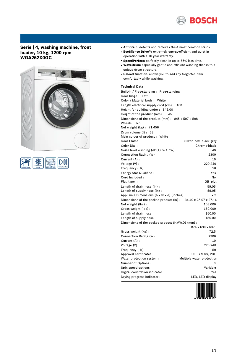 Page 1 de la notice Fiche technique Bosch WGA252X0GC