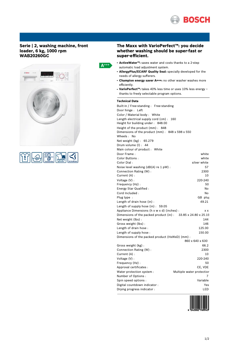 Page 1 de la notice Fiche technique Bosch WAB20260GC