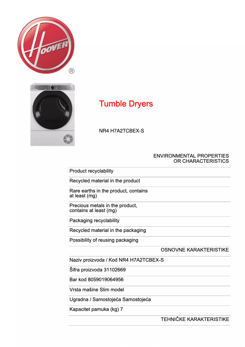 Página 1 del manual Ficha técnica Hoover NR4 H7A2TCBEX-S