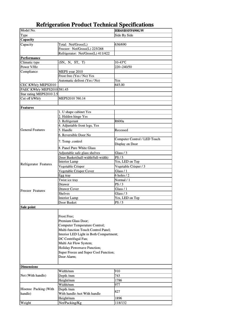 Page 1 de la notice Fiche technique Hisense HR6SBSFF690GW