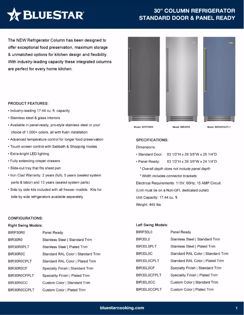Page 1 de la notice Fiche technique BlueStar BIRP30R0