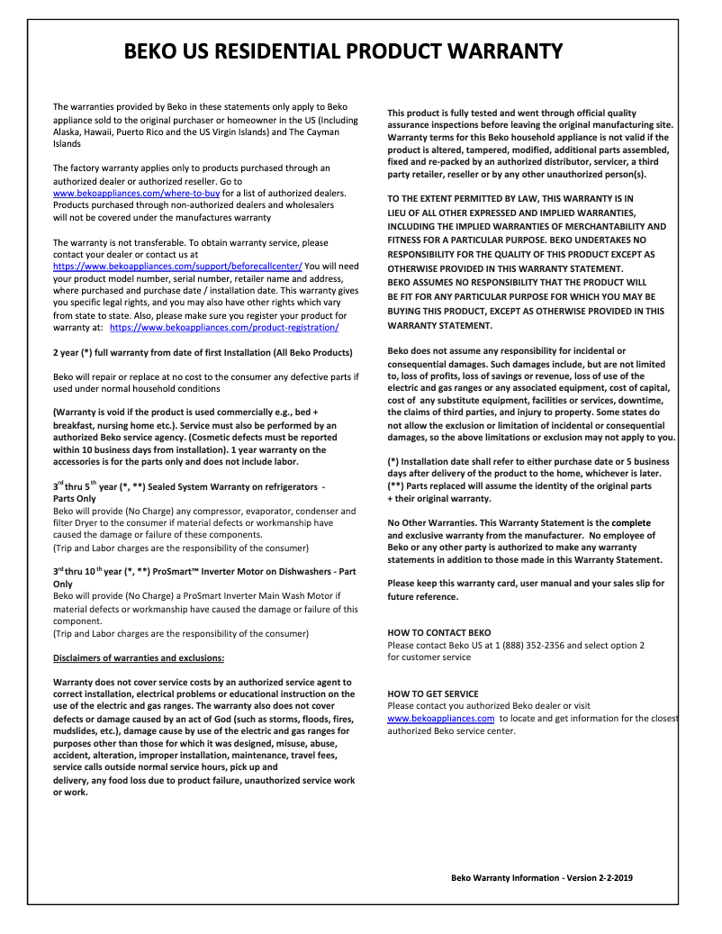 Page 1 de la notice Informations de garantie Beko BBBF3019IMWE