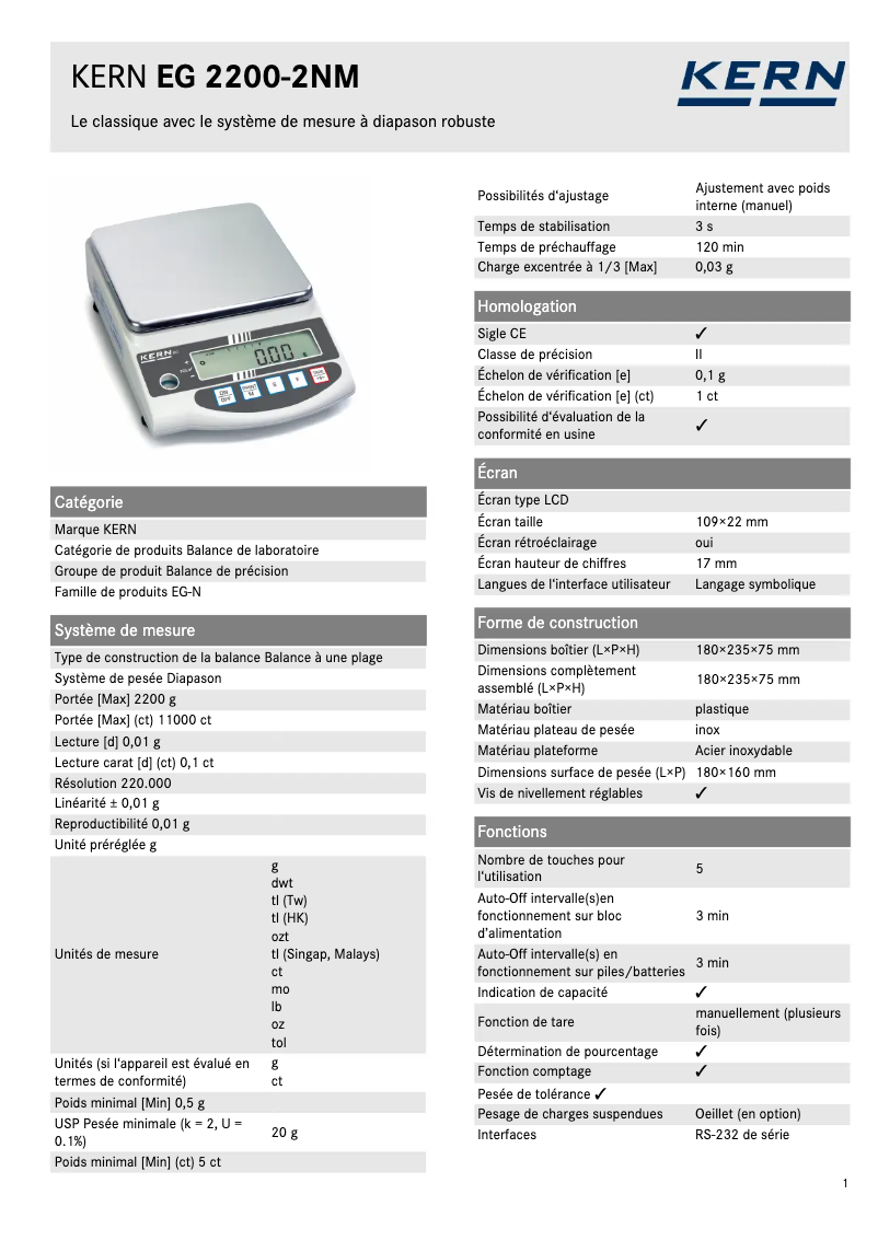 Page 1 de la notice Fiche technique Kern EG 2000-2AM