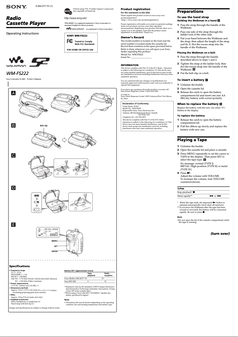 Page 1 de la notice Manuel utilisateur Sony Walkman WM-FS222