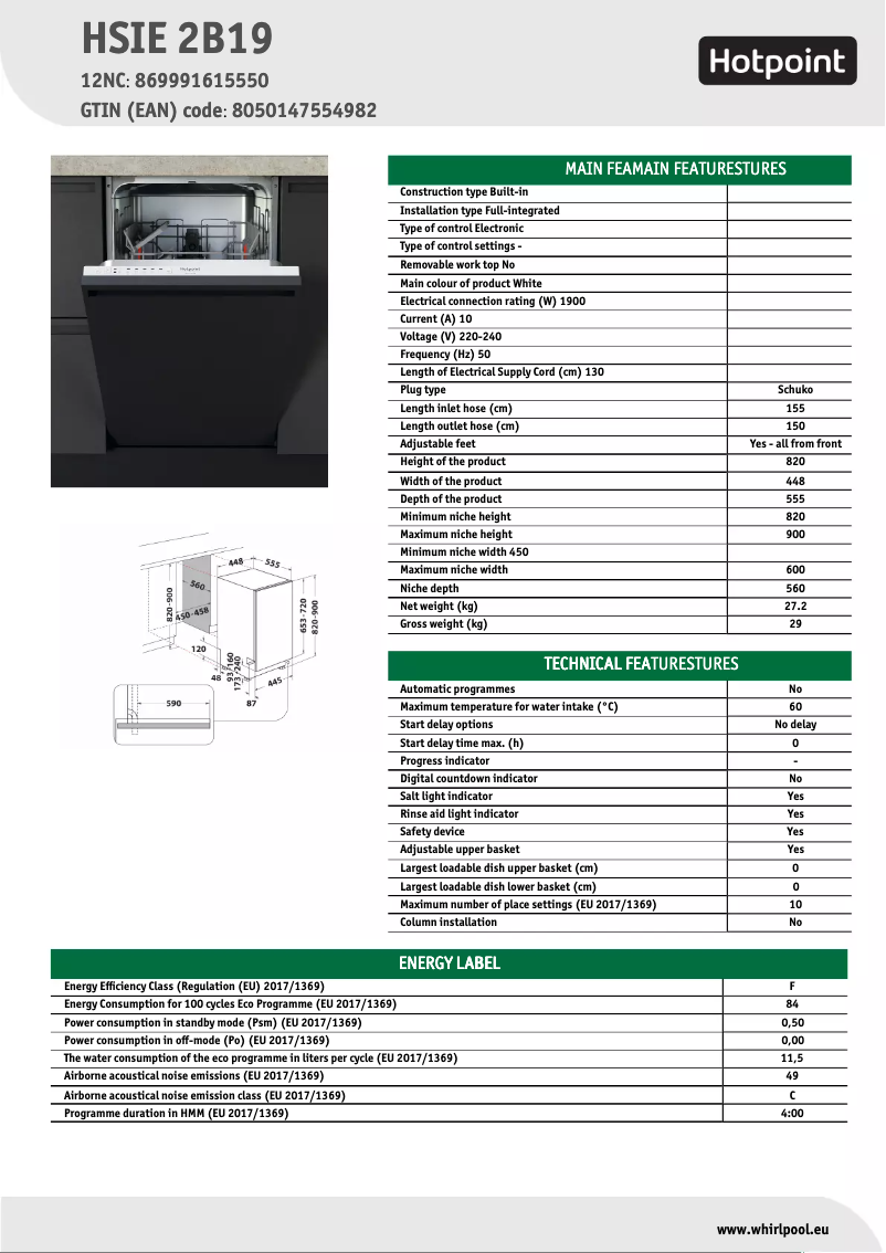 Página 1 del manual Ficha técnica Hotpoint HSIE 2B19