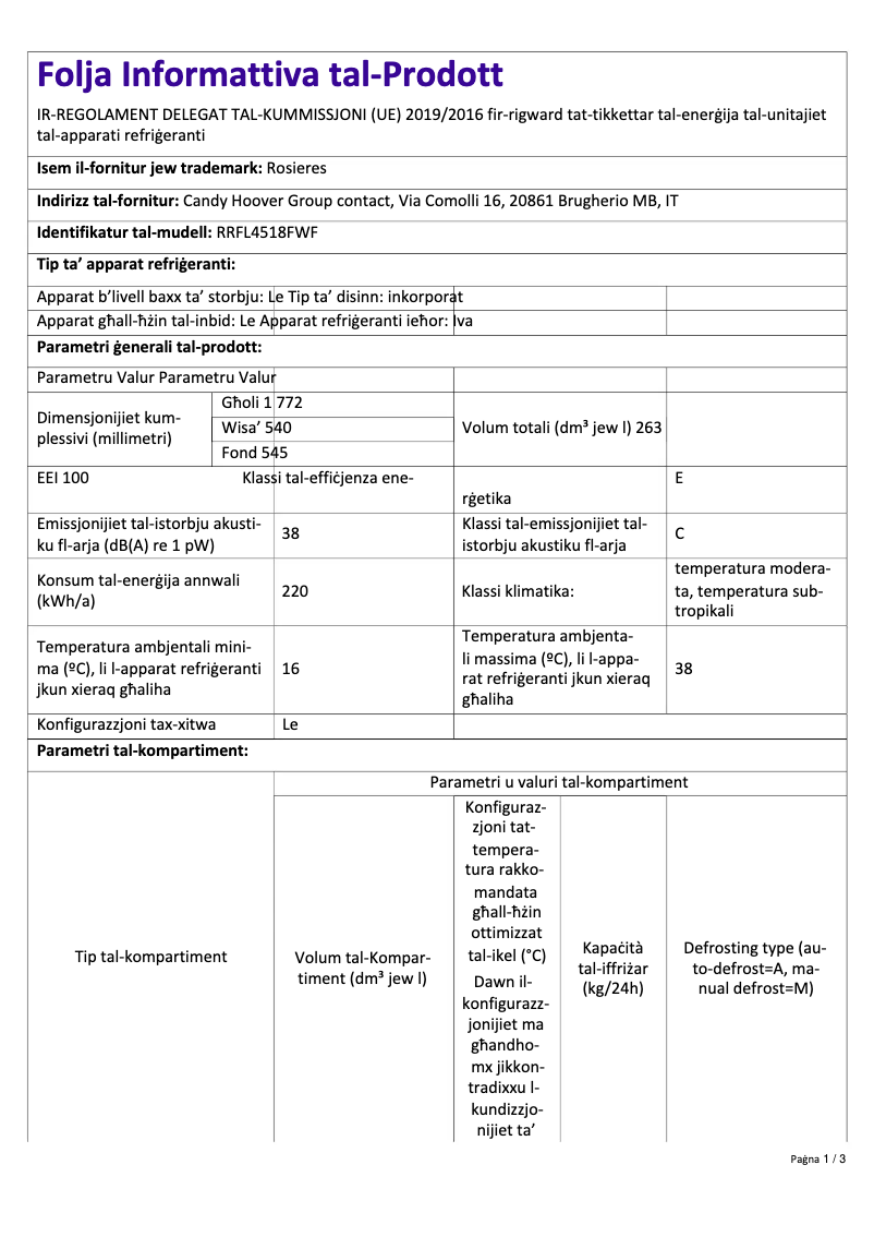 Page 1 de la notice Fiche technique Rosieres RRFL4518FWF