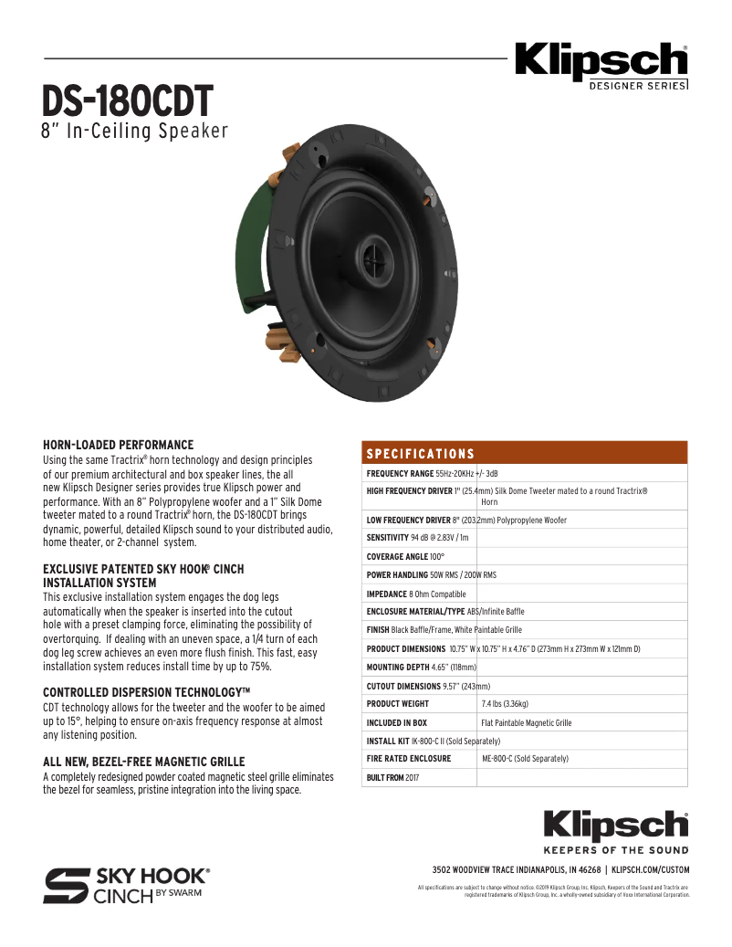 Page 1 de la notice Fiche technique Klipsch DS-180CDT