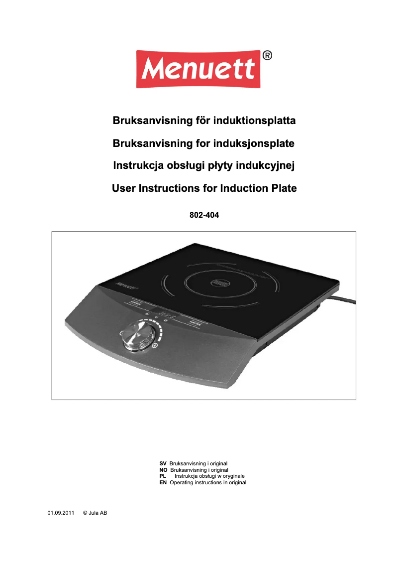 Page 1 de la notice Manuel utilisateur Menuett 802-404