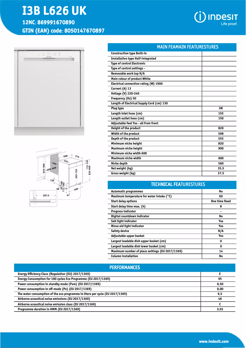 Página 1 del manual Ficha técnica Indesit I3B L626 UK