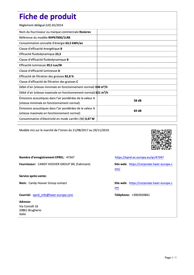 Page 1 de la notice Fiche technique Rosieres RHP 67000/1 LRB