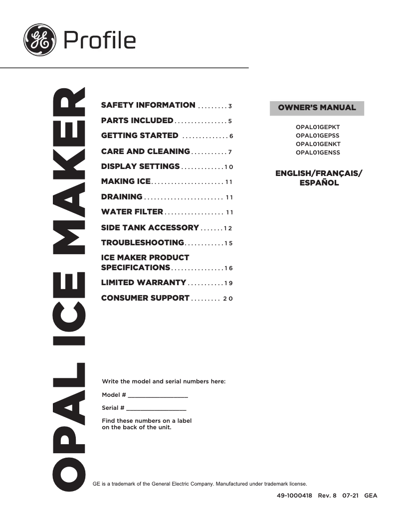 Página 1 del manual Manual de usuario GE Profile Opal OPAL01PSS