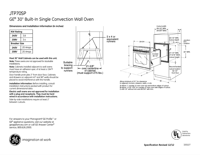 Página 1 del manual Ficha técnica GE JTP70SPSS