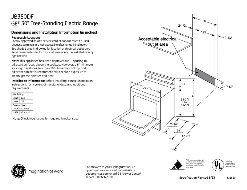 Página 1 del manual Ficha técnica GE JB350DFCC