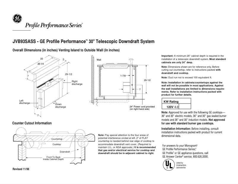 Page 1 de la notice Fiche technique GE Profile JVB93SASS