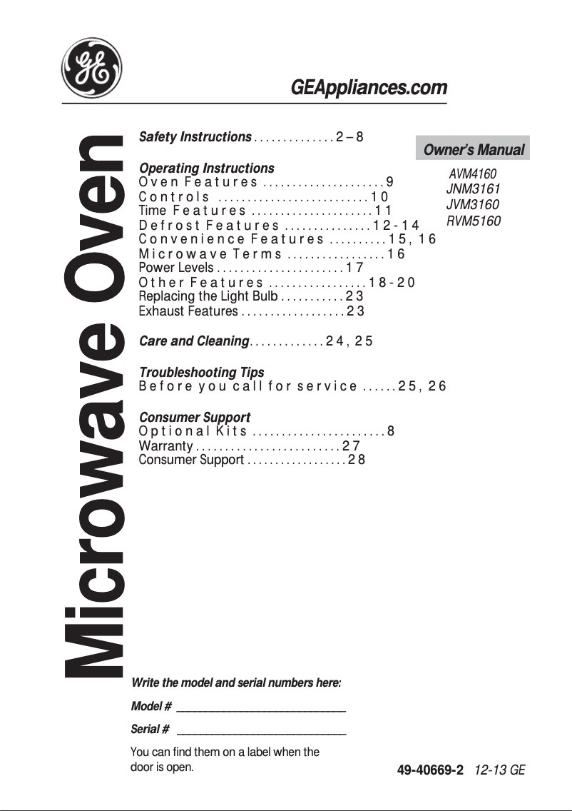 Page 1 de la notice Mode d'emploi GE Artistry AVM4160DFBS