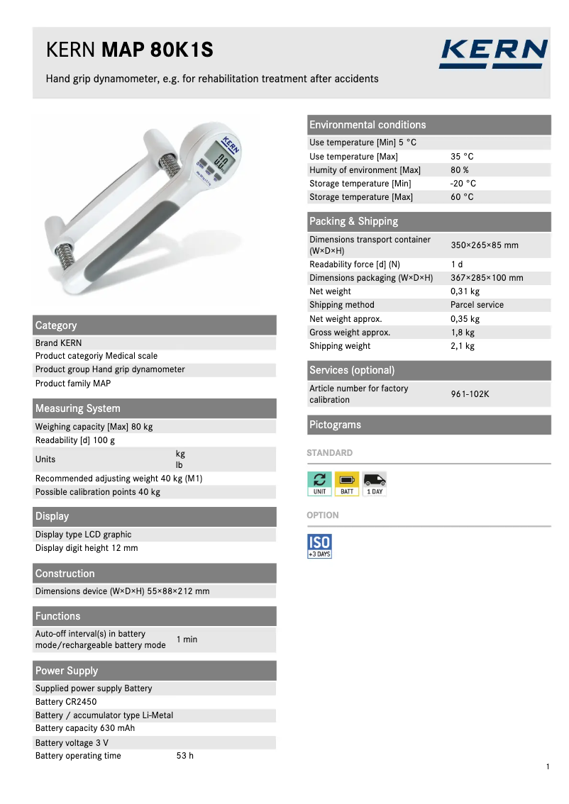 Page 1 de la notice Fiche technique Kern MAP 80K1S