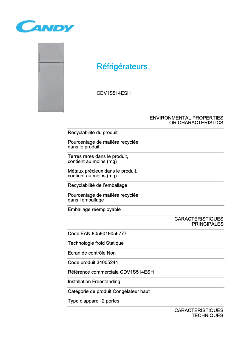 Page 1 of the manual Technical Sheet Candy CDV1S514ESH