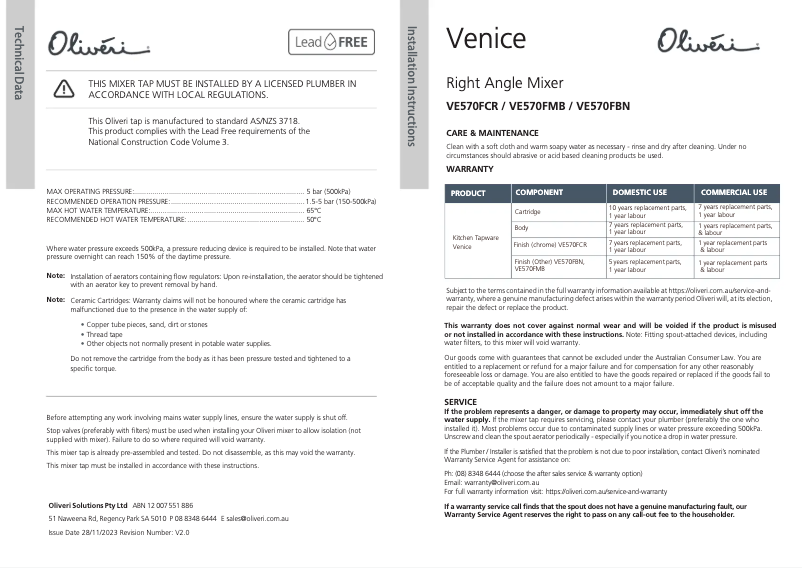 Page 1 of the manual Installation Guide Oliveri VE570FBN