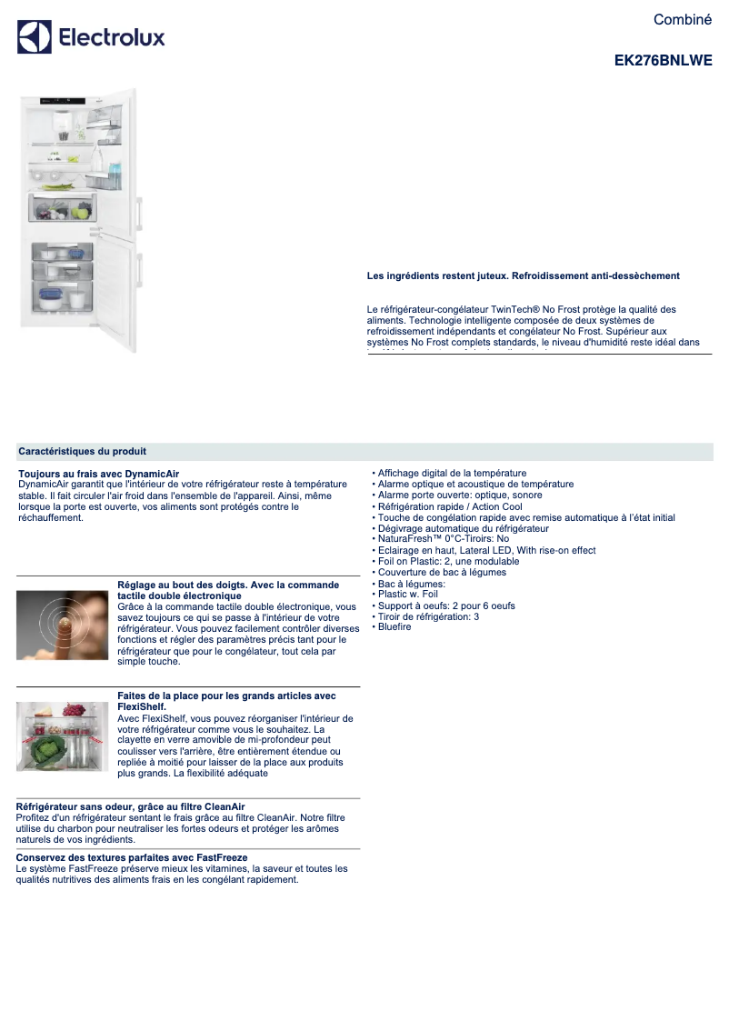 Page 1 de la notice Fiche technique Electrolux EK276BNLWE