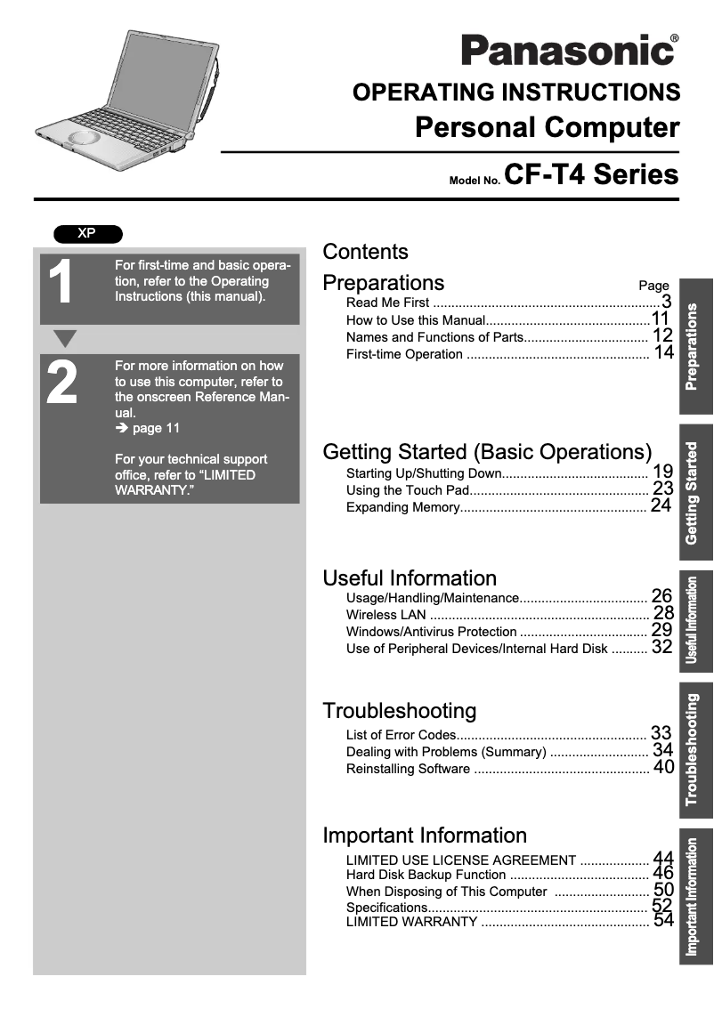 Page 1 de la notice Manuel utilisateur Panasonic Toughbook CF-T4