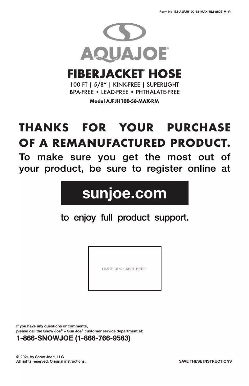 Page 1 de la notice Manuel utilisateur Aqua Joe AJFJH100-58-MAX-RM