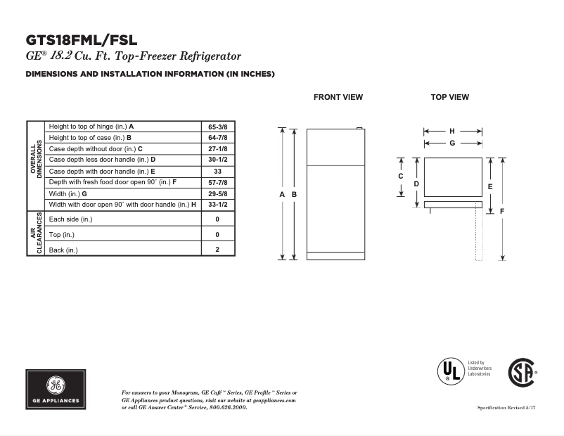 Page 1 of the manual Technical Sheet GE GTS18FSLSS