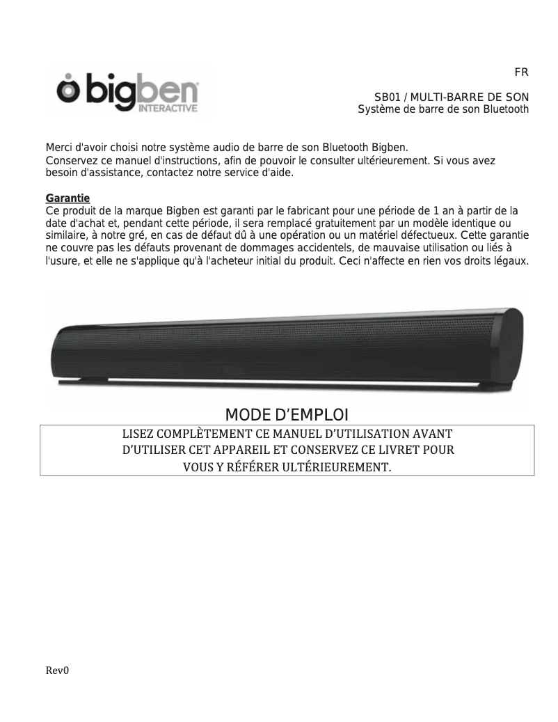 Page 1 de la notice Manuel utilisateur Bigben Interactive SB01GB