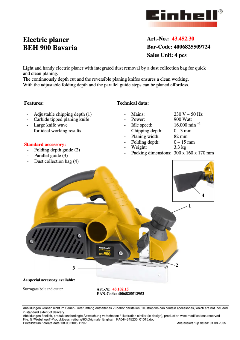 Page 1 de la notice Manuel utilisateur Bavaria by Einhell BEH 900