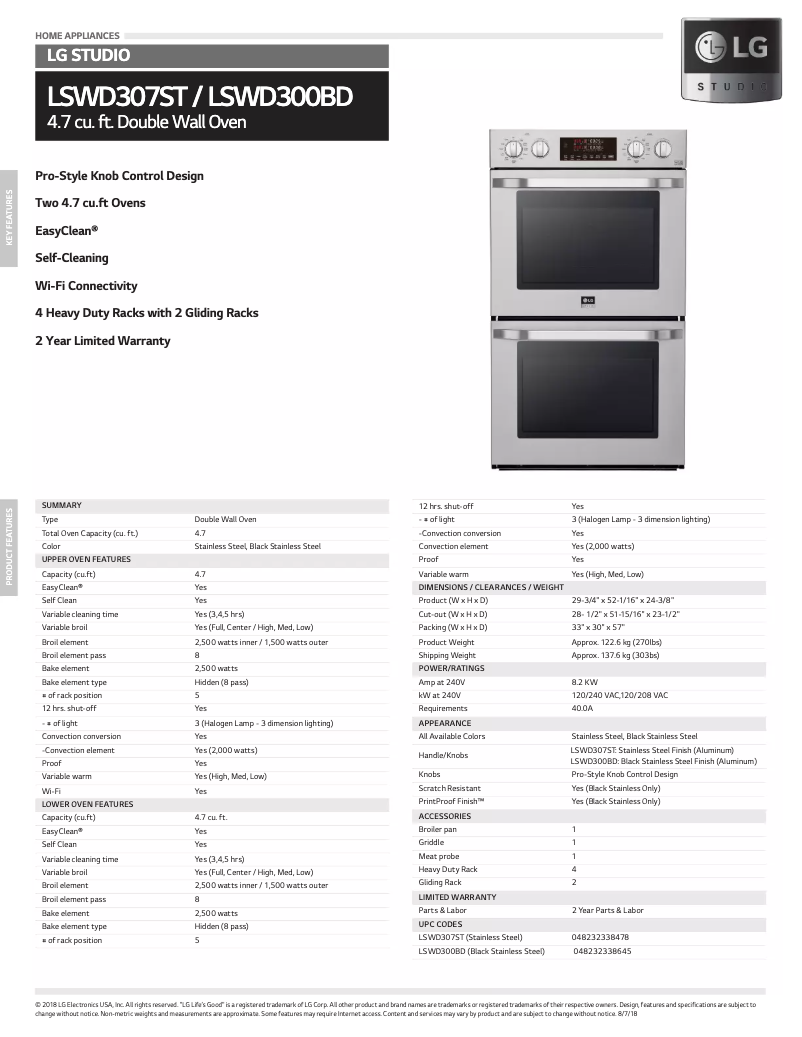 Page 1 de la notice Fiche technique LG LSWD307ST