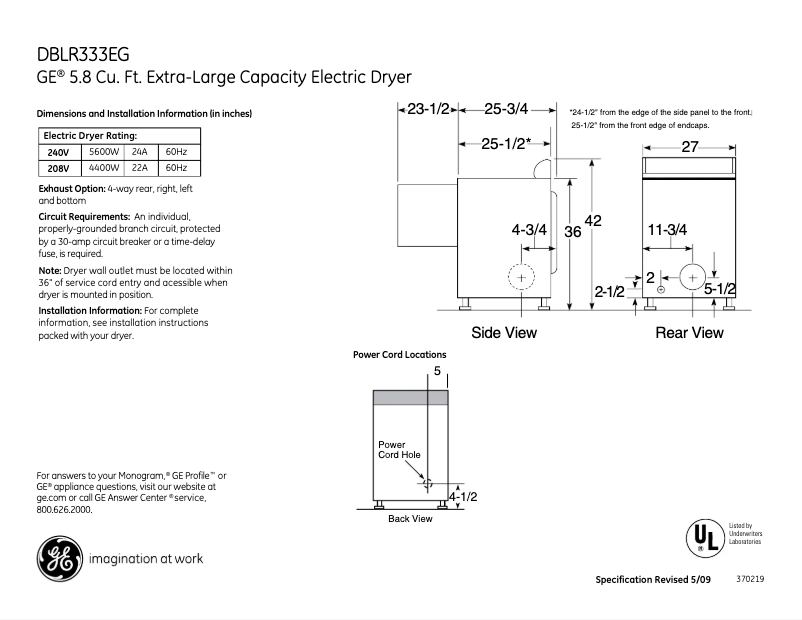Página 1 del manual Ficha técnica GE DBLR333EGWW