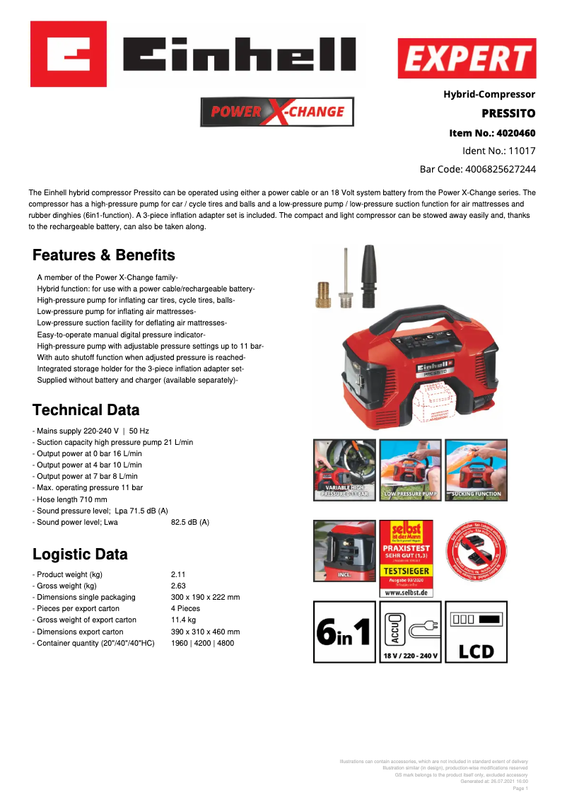 Page 1 de la notice Fiche technique Einhell Pressito