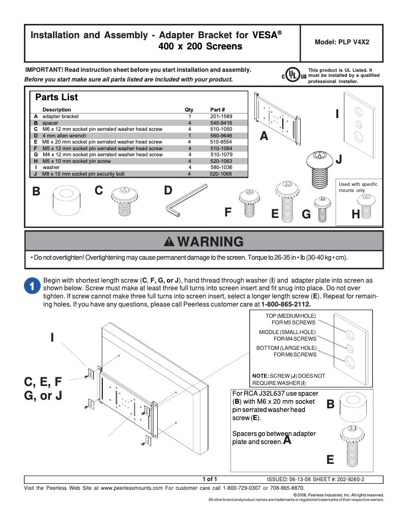 Page 1 de la notice Manuel utilisateur Peerless-AV PLP-V4X2