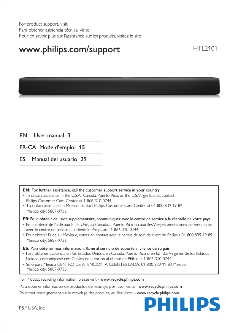 Page 1 de la notice Manuel utilisateur Philips HTL2101