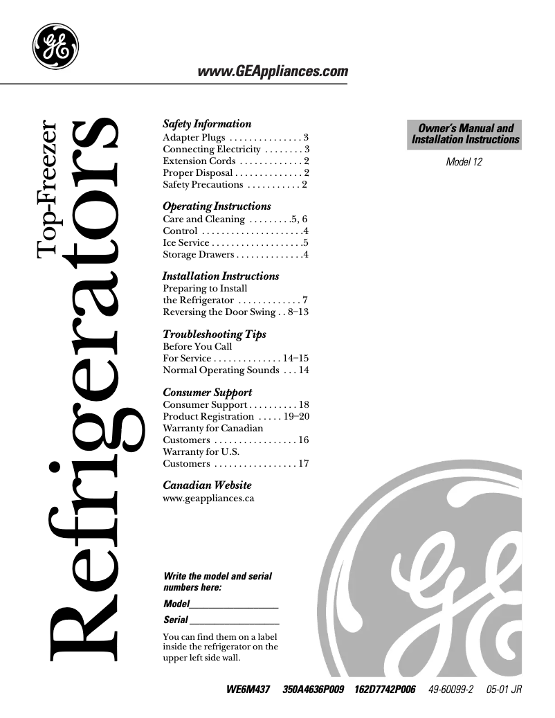 Page 1 de la notice Manuel d'utilisation et d'entretien GE GTS12BBMRCC