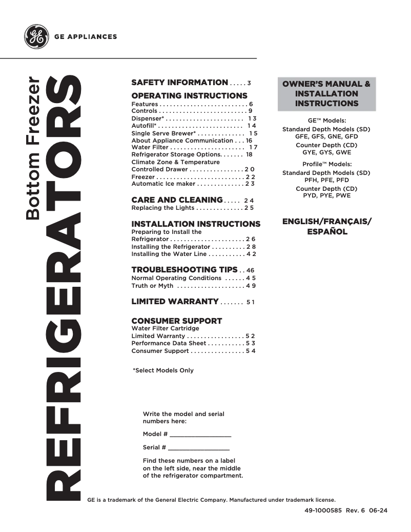 Page 1 de la notice Manuel d'utilisation et d'entretien GE Profile PYE22PYNFS