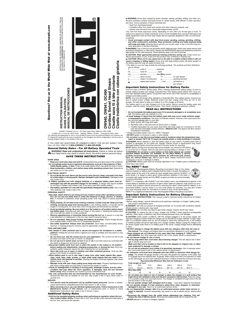 Page 1 de la notice Manuel utilisateur DeWalt DW940