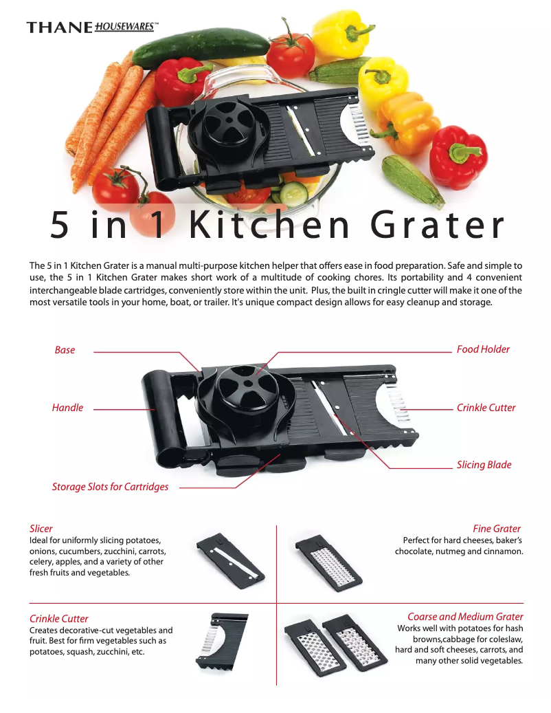Page 1 de la notice Manuel utilisateur Thane 5 in 1 Kitchen Grater