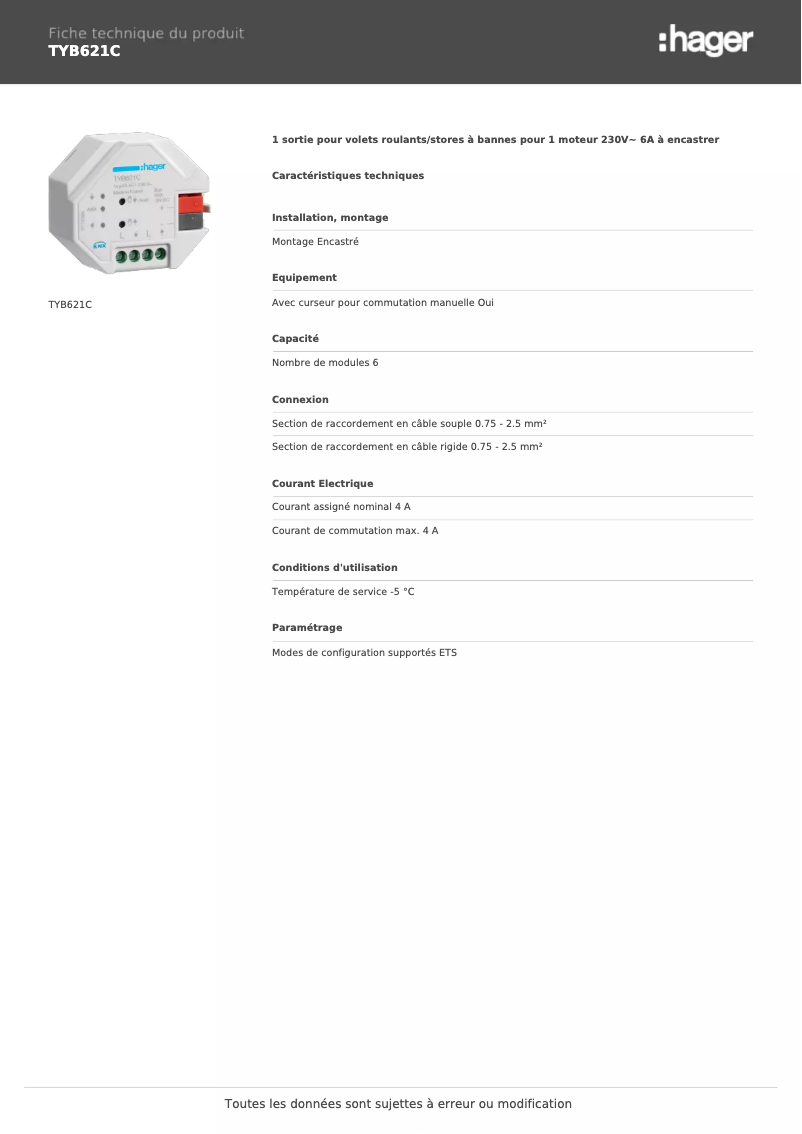 Page 1 de la notice Fiche technique Hager TYB621C