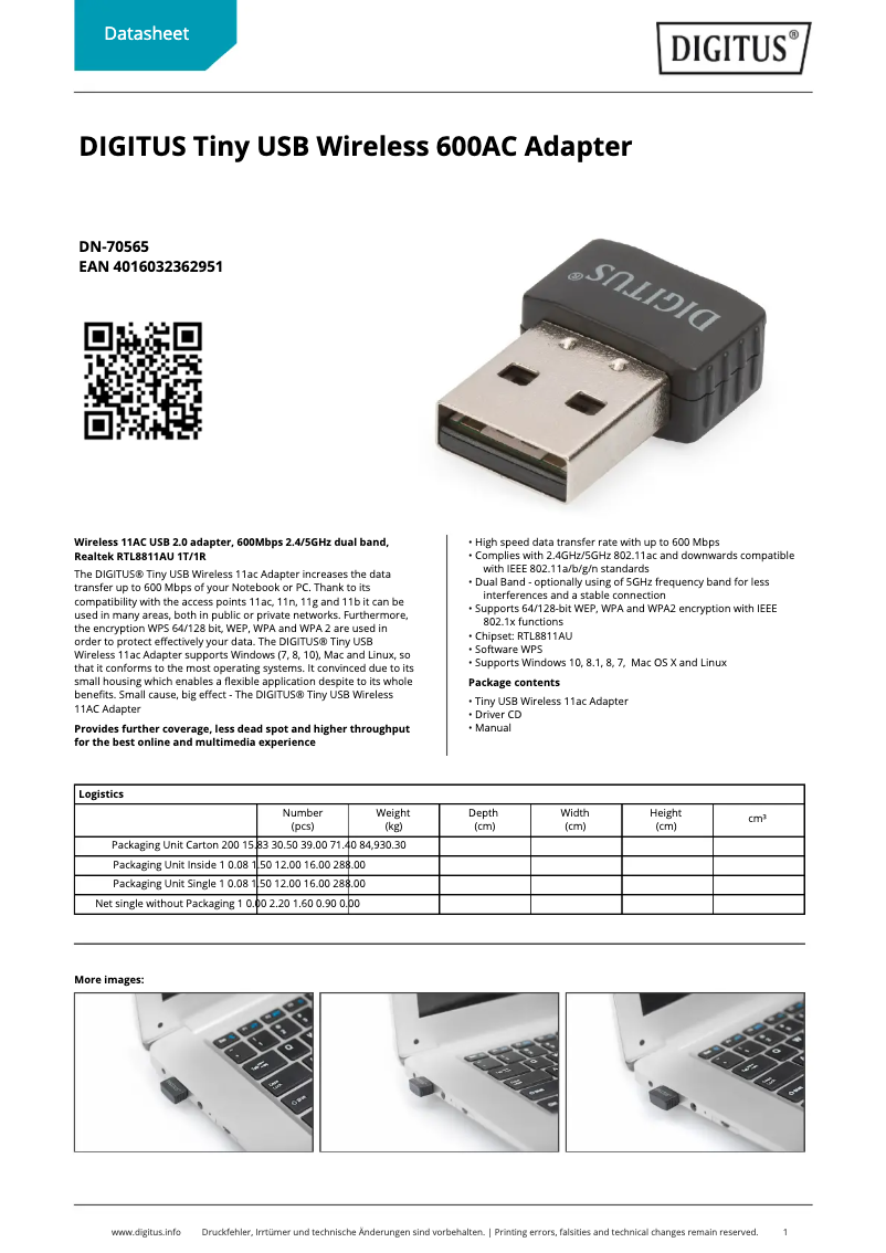 Page 1 de la notice Fiche technique Digitus DN-70565