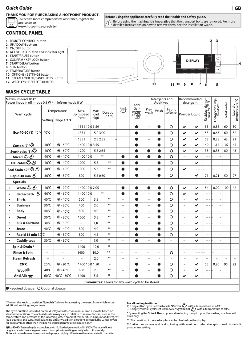Página 1 del manual Manual de usuario Hotpoint NLLCD 1044 WD AW UK N