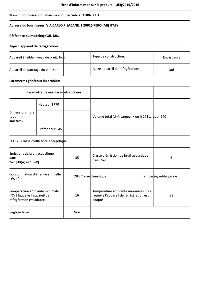 Página 1 del manual Ficha técnica Bauknecht KGIL 18S1